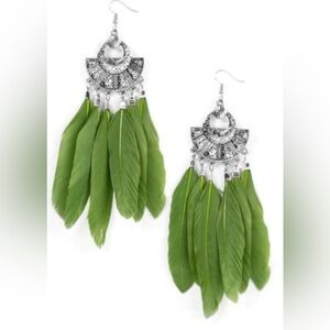 paparazzi Green Feather Fan Drop Earrings - Silver Detail
